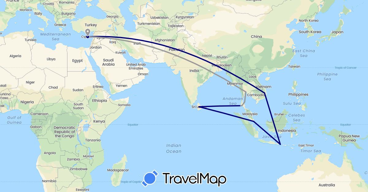 TravelMap itinerary: driving, plane in Cyprus, Indonesia, Sri Lanka, Singapore, Thailand, Vietnam (Asia)